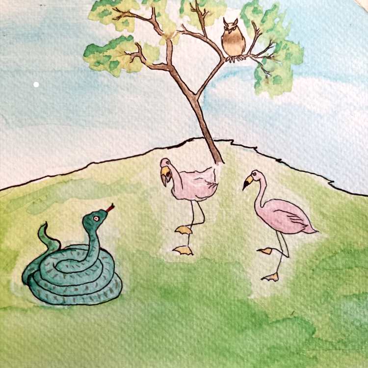 Two flamingos talk to the anaconda